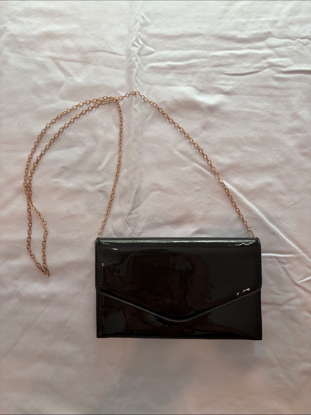 Steve Madden Black Patent Envelope Clutch with Gold Chain